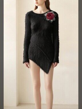 Cozy Black Fluffy Knit Sweater with Crochet Rose Accent (Sz 12-14)